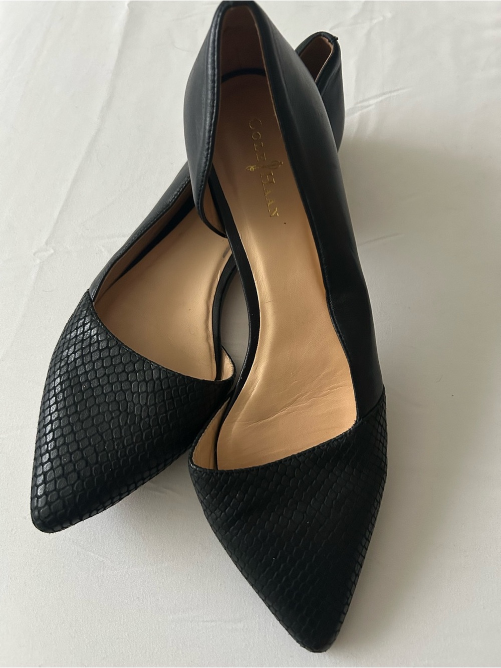 Cole Haan Black Pointed D'Orsay Flats with Textured Toe